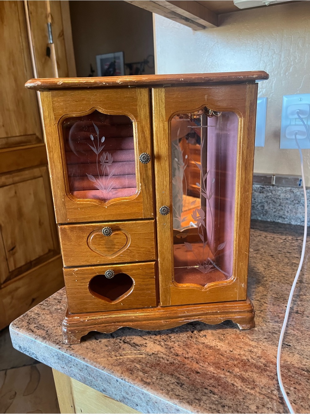 Wood Finish Heart-Accent Jewelry Cabinet in Brown